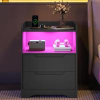 Mesitas de Noche con luces LED y Estación de Carga (2 Tomas AC, 2 Puertos USB) Mesita de Noche Blanca Mesas Auxiliares con 1 compartimento abierto y 2 cajones para Dormitorio Salón - details 57