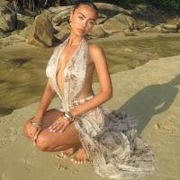BUNO-Vestido con estampado de almazuela de gato extraño para mujer, vestido Halter con cuello bajo y espalda descubierta fruncido, vestido largo ajustado para fiesta en la playa a la moda para vacaciones - details 6