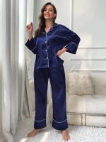 Ropa de dormir de satén de seda, pantalones con cuello ranurado, conjunto de camisón de 2 piezas, Tre y otra ropa informal para mujer - details 17