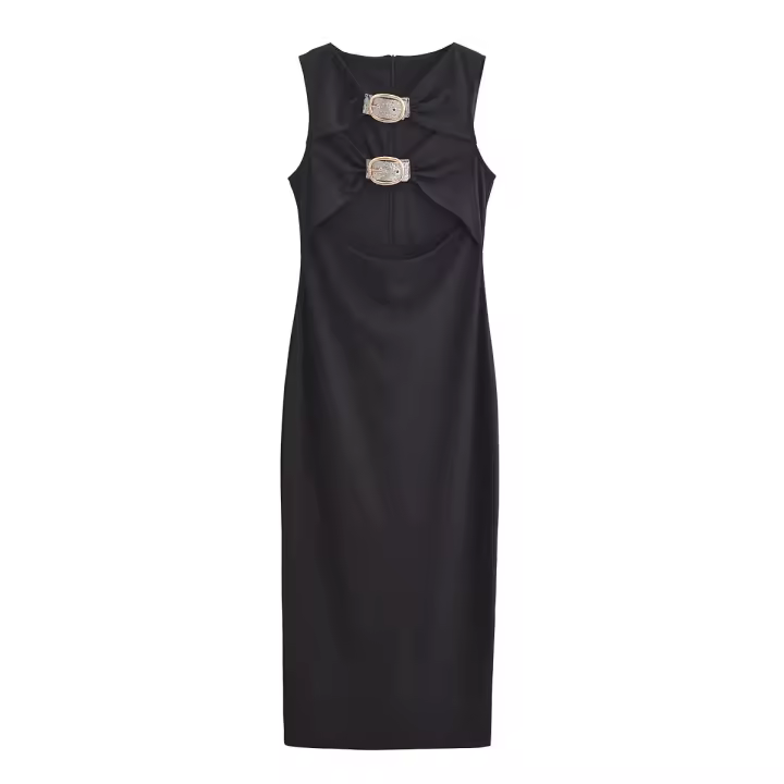 , vestidos de moda de verano, cuello redondo sin mangas negro y decoración de encaje con, vestido largo de estilo festivo para - 1