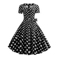 Mujeres Vintage verano 50s 60s Retro Pin Up Swing Rockabilly Vestidos elegante negro lunares vestido de fiesta de oficina - details 6