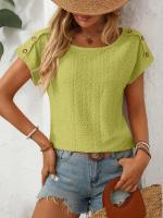 Camiseta de manga corta con botones y cuello redondo para mujer, Top hueco, Color sólido, novedad de primavera y verano 2025 - details 13