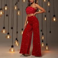 Pantalones de Cintura Alta para Mujer con Lentejuelas Pantalones de Pierna Ancha Rojos Cómodos de Otoño Talla Única - details 1