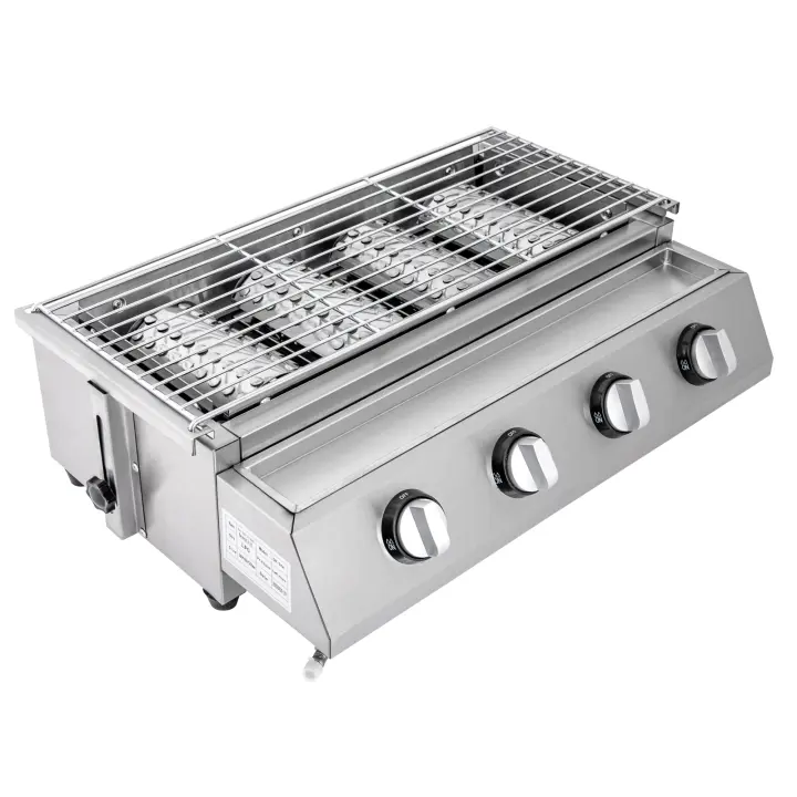 Parrilla de Gas Comercial Portátil Barbacoa Sin Humo con 4 Quemadores para Exteriores y Interiores con Red de Parrilla Desmontable - 1