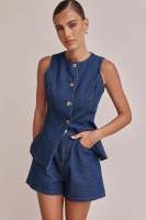 2025 primavera y verano nueva estación independiente de Amazon moda europea y americana cintura sin mangas cintura alta pantalones cortos sueltos conjunto de mezclilla - details 6