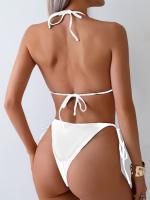 Traje de baño de dos piezas para mujer con cuello halter elegante, conjunto de bikini de color sólido, poliéster 95% elastano 5%, ligero estiramiento, peso de tela 20g/m², ropa de baño tejida - details 2