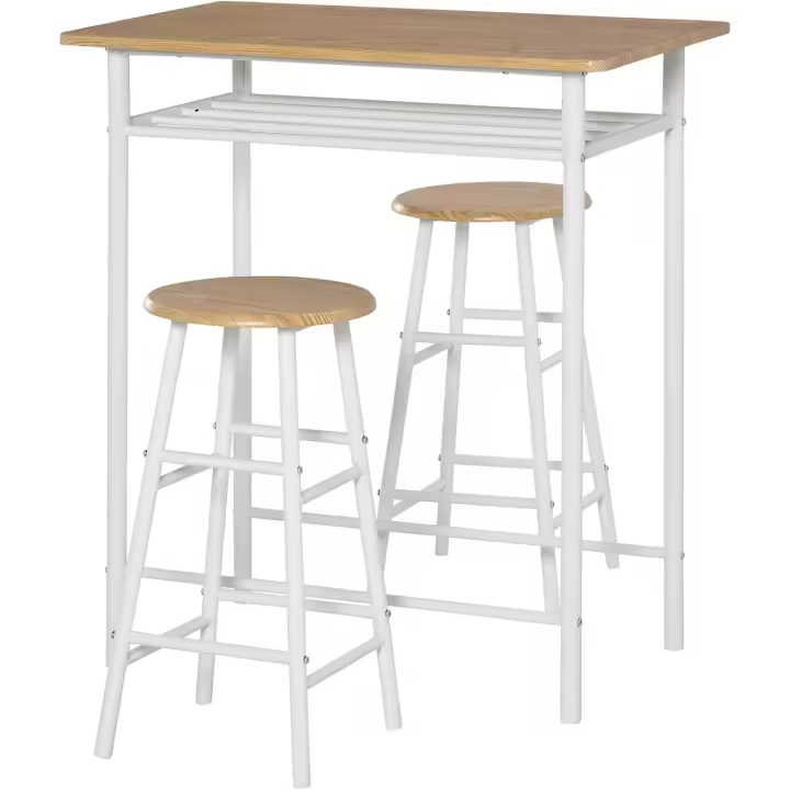 Juego de muebles de bar con mesa alta y 2 taburetes con estante de almacenamiento y marco de metal para cocina comedor 80x50x90 cm blanco - 1