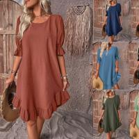 Vestido de Lino y Algodón Retro para Mujer Primavera-Verano Cuello Redondo, Manga Mediana, Color Sólido, Vestido Suelto con Flecos - details 1