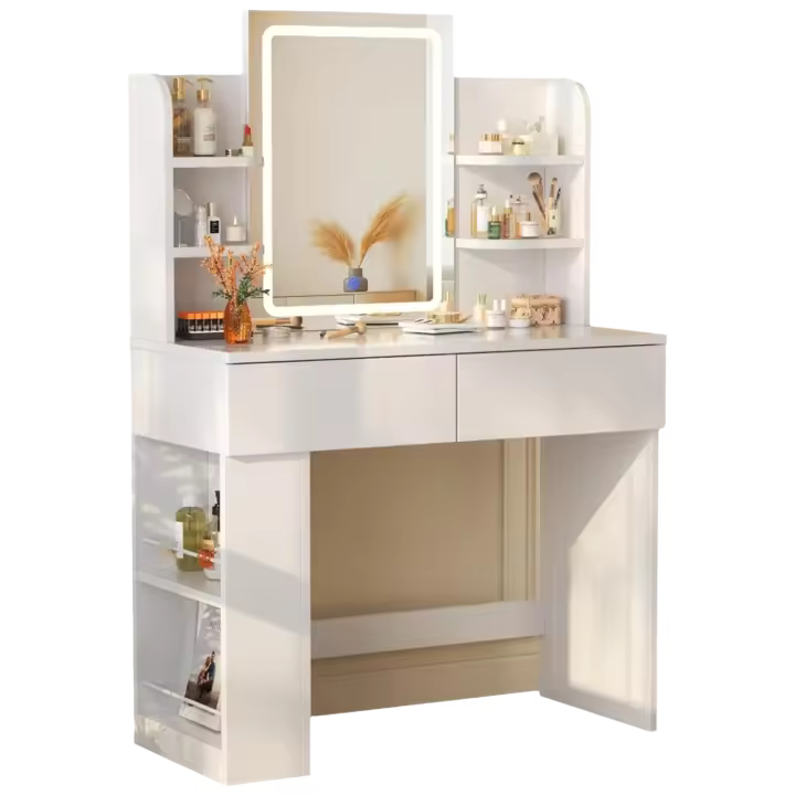 Tocador de Maquillaje con Luces LED, Brillo Ajustable, Mesa de Maquillaje con Espejo, con 2 Cajones Grandes y 4 Estantes Abiertos y Taquilla Lateral, Moderno, 90x40x135cm, Blanco - 1