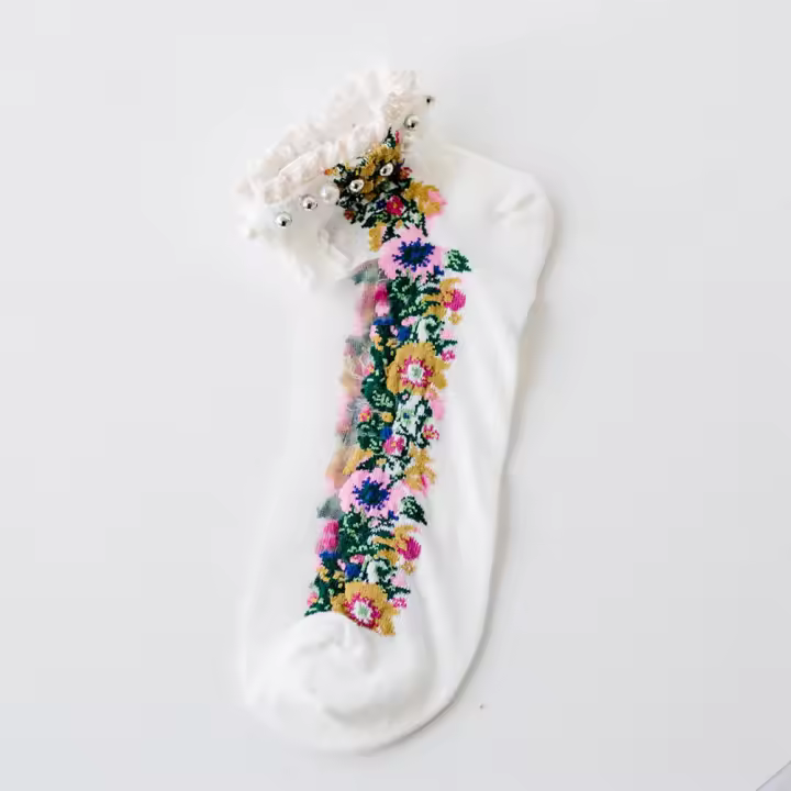 Calcetines Lolita bonitos de malla con perlas para mujer, medias de primavera, calcetines cortos, calcetines con flores bordadas - 1