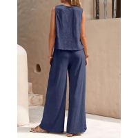 Conjunto de chaleco de cuello redondo y pantalones de pierna ancha para mujer, elegante, de dos piezas, color sólido, 2025 - details 2