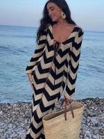 Vestidos de punto a rayas para mujer, vestido Maxi de playa con cordones de manga larga para mujer, batas ajustadas de punto con cuello cuadrado calado - details 0