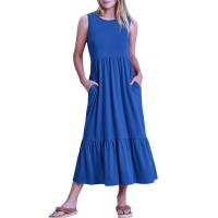 Vestido de verano informal sin mangas con cuello redondo para mujer, vestido largo de playa con gradas, trajes de vacaciones - details 9