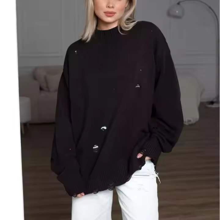 Suéter de punto antiguo de imitación de moda para mujer, ropa de calle con cuello redondo de algodón de otoño OEM - 1
