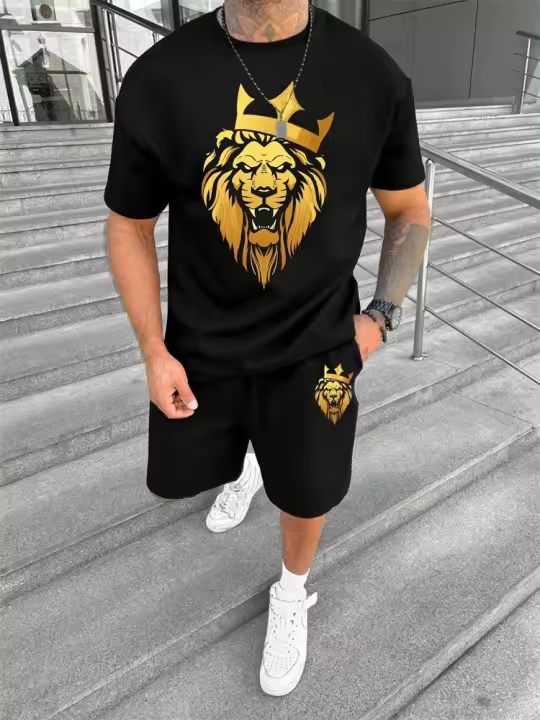 Camiseta de manga corta con cuello redondo, conjunto de pantalones cortos de moda con estampado de León en 3D, conjunto de 2 piezas de deportes de verano para hombres - 1