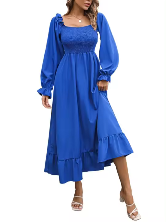 Elegante Vestido de Seda Largo Diseño de Volantes Venta de Liquidación Moda Femenina Chic - 1