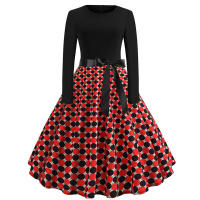 Women dot print party elegant vintage swing long sleeve dress - details 11