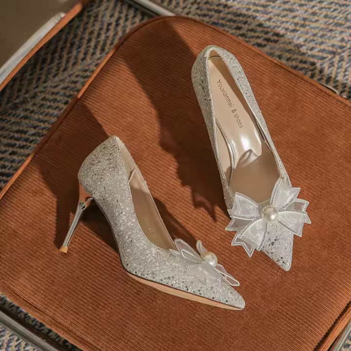 Cristal, banquete, tacones altos, satén, blanco, estilo francés, individuales de mujer, europeo y americano, color liso, verano, invierno, primavera, otoño - 1