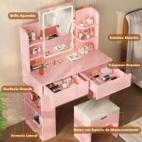 Tocador de Maquillaje con Luces LED, Brillo Ajustable, Mesa de Maquillaje con Espejo, con 2 Cajones Grandes y 4 Estantes Abiertos y Taquilla Lateral, Moderno, 90x40x135cm, Blanco - details 27
