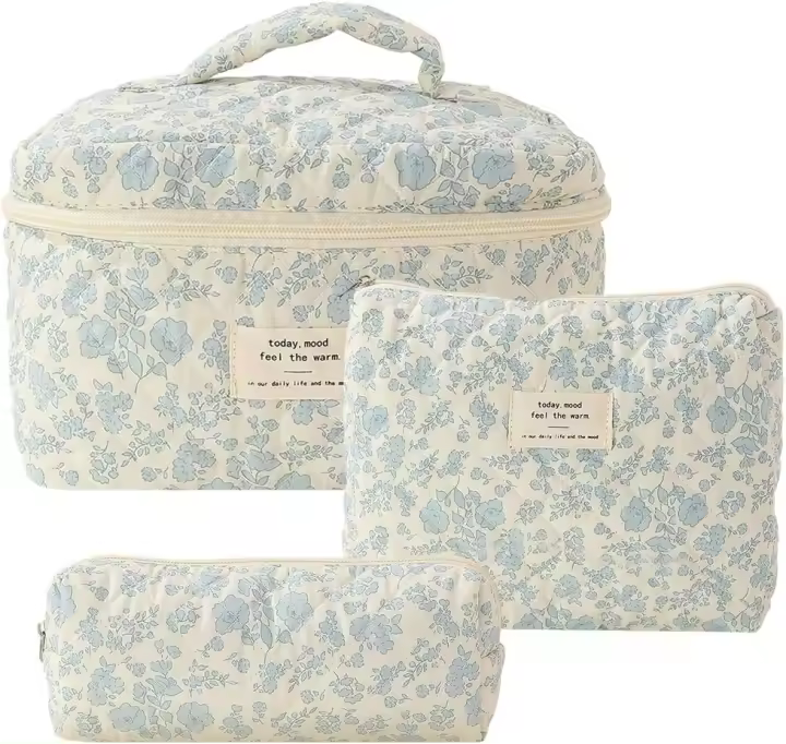 Bolsa de maquillaje de 3 uds., bolsa de cosméticos acolchada, conjunto de bolsa de maquillaje grande, bolsa de aseo Floral estética, bolsa de viaje de algodón para el cuidado de la piel - 1