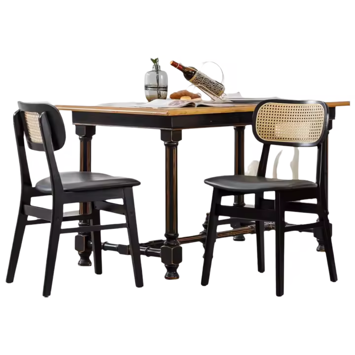 2 Sillas de Comedor de Madera Maciza, Sillas de Cocina con Respaldo de Ratán, Sillas Rústicas Tapizadas en Cuero PU para Restaurante/Cafetería, Negro - 1