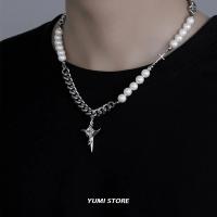 Collar cruzado de perlas de imitación de Hip Hop para hombres y mujeres, cadena de acero de titanio de tendencia, colgante Kpop, joyería, accesorios Unisex - details 5