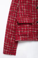 Abrigo de Moda de Otoño para Mujer Cuello Cerrado, Manga Larga, Textura a Cuadros Rojo, Abrigo Exterior Delgado con Bolsillos de Abrigo de Viento y Lluvia - details 6