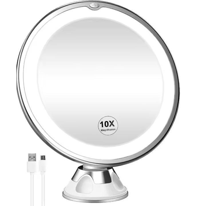Espejo de Maquillaje Iluminado con Ampliación de 10X Recargable, 3 Modos de Color, Rotación de 360°, Ventosa de Bloqueo P - 1
