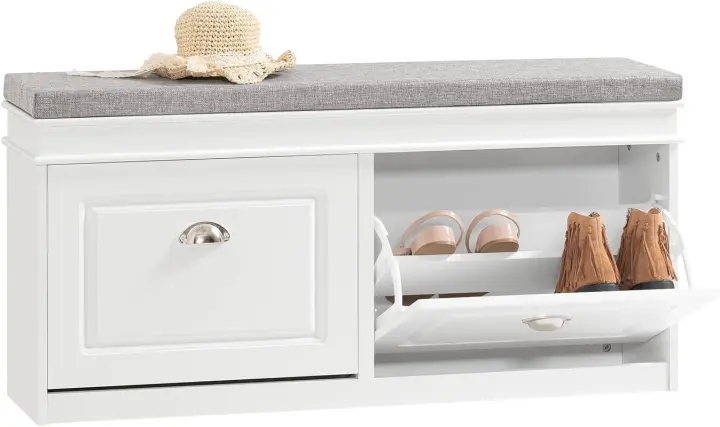 Zapatero con Asiento 2 Solapas, Entra Recibidor Estrecho Organizador de Zapatos Almacenaje para Dormitorio L104 x P24 x H52cm Blanco FSR64-W ES - 1