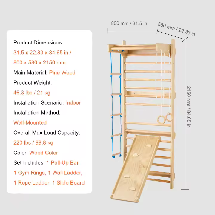 SucceBuy Gimnasio de jungla interior 5 en 1 para niños pequeños, juego de escalada con escalera sueca de acero al carbono, escalera de pared, barra de dominadas, escalera de cuerda, anillos de gimnasia, soporta 220 libras, multicolor - 1