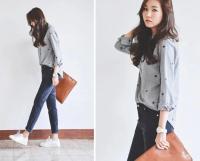 Camisa de mujer de manga larga adelgazante con cuello levantado a rayas frescas de estilo coreano bordado de hojas - details 1