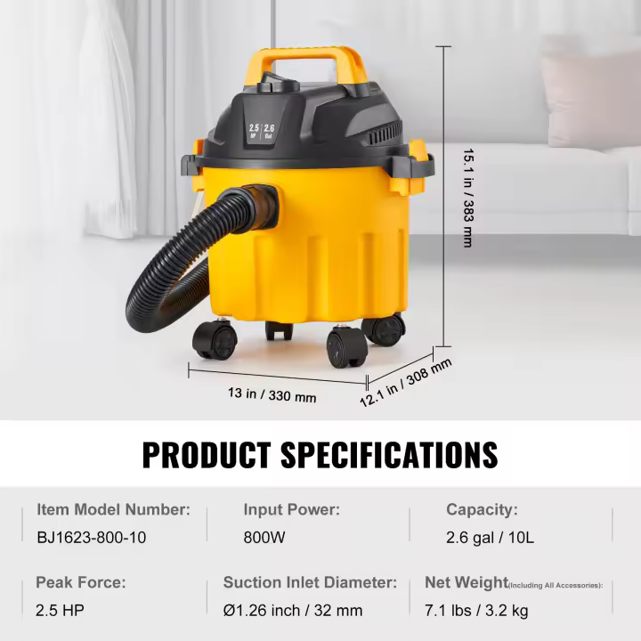 SucceBuy Aspiradora para tienda en seco/mojado, 2 picos HP, potente aspiradora y soplador con boquilla y ruedas, aspiradora portátil para todos los trabajos de limpieza, amarillo - 1