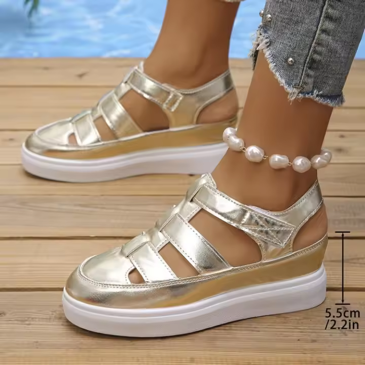 Sandalias de tacón inclinado informales con velcro para mujer, suela gruesa grande, novedad de verano 2024 - 1