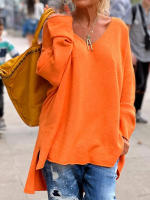 Suéter De Punto Con Cuello En V Y Manga Larga Para Mujer Estilo Casual Suéter Sobredimensionado Con Bajo Extensión Poliéster Sin Cierre - details 3