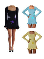 Mini vestido de manga larga para mujer de principios de otoño, cuello cuadrado, purpurina, estrella de mar, dobladillo con volantes, prendas de punto, vestido ajustado, vestidos de trabajo informales - details 1