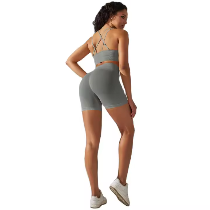 Nessaj-chándal de yoga sin costuras, conjunto deportivo sexy, mallas de entrenamiento, ropa deportiva con tirantes cruzados, sujetador y pantalones cortos - 1