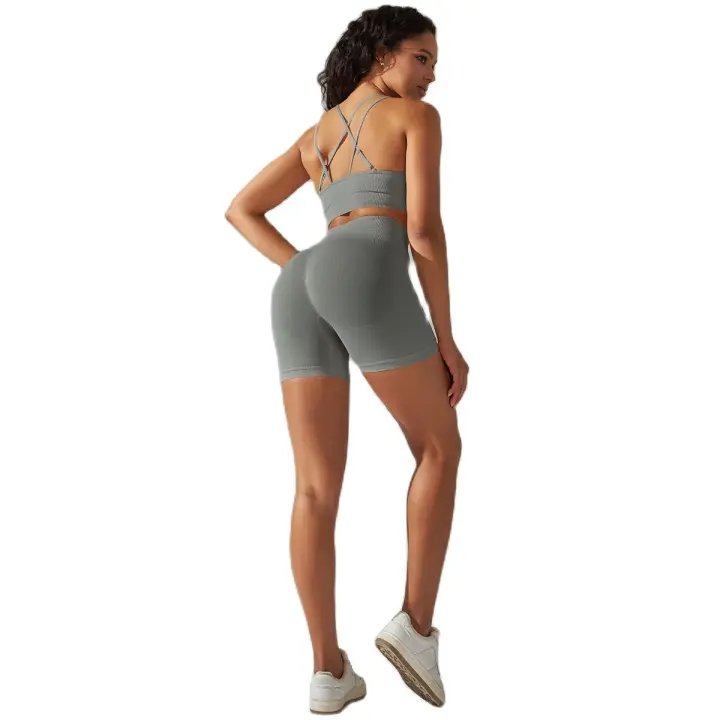 Nessaj-chándal de yoga sin costuras, conjunto deportivo sexy, mallas de entrenamiento, ropa deportiva con tirantes cruzados, sujetador y pantalones cortos - 1