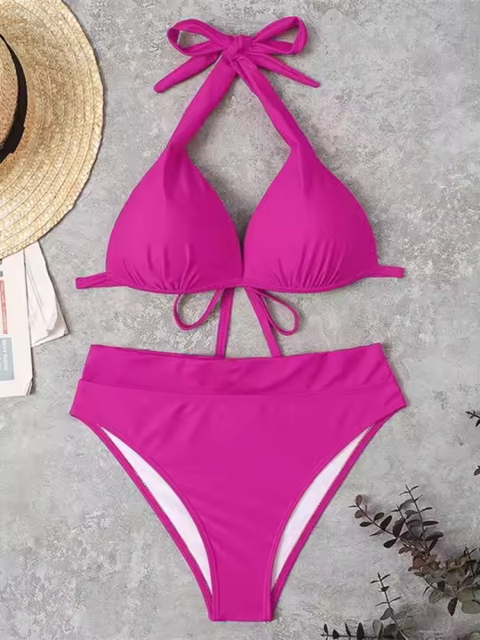 Bikini brasileño de gran tamaño para mujer, traje de baño reforzado de dos piezas, monocromático, traje de playa - 1