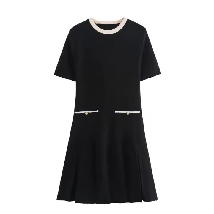 Elegante negro con manga corta, cuello redondo, bolsillos con botones, punto ancho para mujer, verano - 1