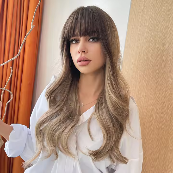 Peluca Larga Ondulada Natural Para Mujer, pelo largo con flequillo ondulado, 24 pulgadas - 1