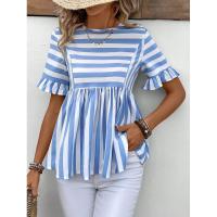 Nuevo Vestido camisero de verano para mujer, cuello redondo, manga con volantes, holgado, cómodo, a rayas - details 7