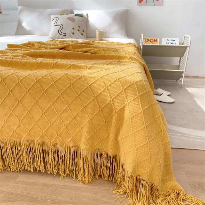Bonenjoy Manta de punto para sofá, manta de borlas de color sólido para cama, manta decorativa para el hogar - 1