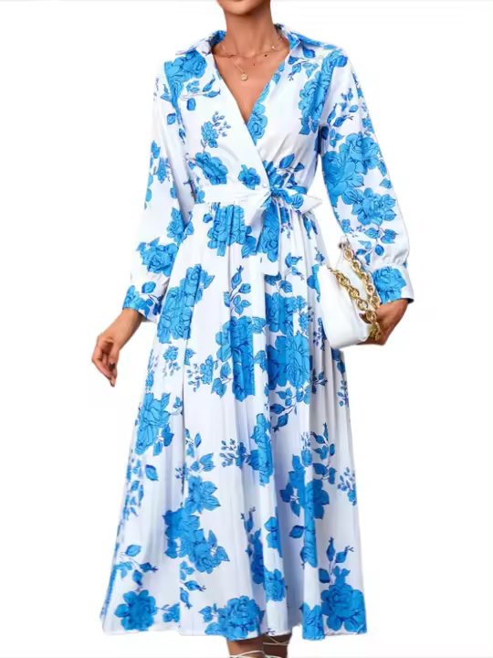 Vestido floral para mujer, vestidos de manga larga con cuello en V, bonito elegante, nuevo, - 1