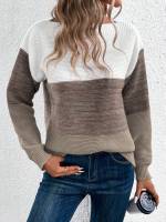 Elegant Three-color Patchwork Sweater Women Daily Commuter Casual Loose Jumpers Female Autumn Winter Knitted Thickened Warm Tops - details 10