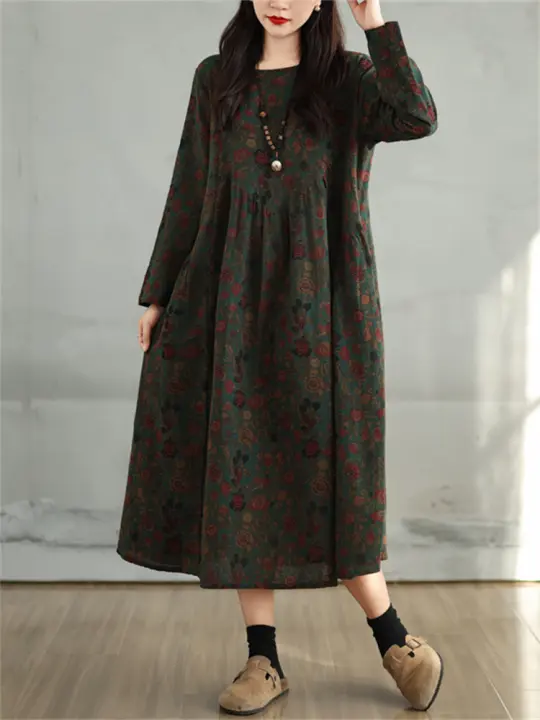 Vestido Floral de Algodón Vintage Moda Casual para Mujeres Primavera Otoño - 1