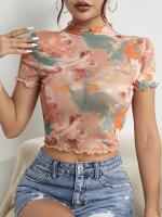 Nueva camiseta de manga corta elegante con estampado de malla, camisetas de manga corta con ribete de oreja de madera para mujeres - details 11