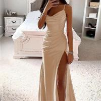 Vestido largo de noche con cuello descubierto para mujer, traje de satén sin mangas, informal, para fiesta - details 1