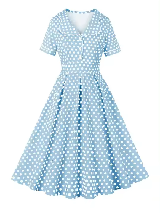 Verano largo, estampado de punto, cintura alta, cuello y dobladillo, botón frontal - 1
