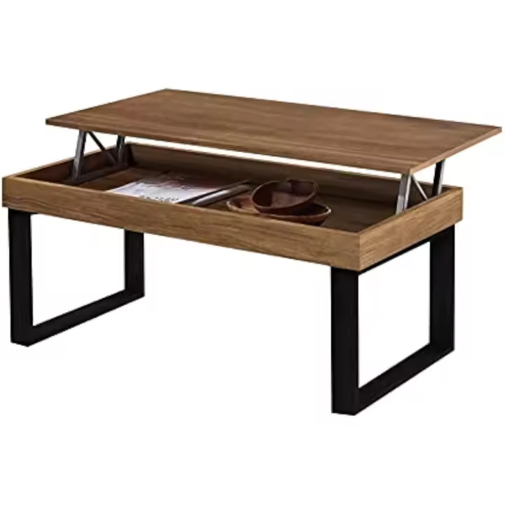 Mesa Centro Elevable de Madera Maciza, Acabado Encerado, Patas Color Negro. Medidas: 100x50x47 cm. - 1