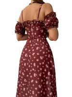 Sexy sin mangas con estampado bandeau y falda del vientre a la pantorrilla para mujer, vestido con tirantes de moda floral dividido - details 4